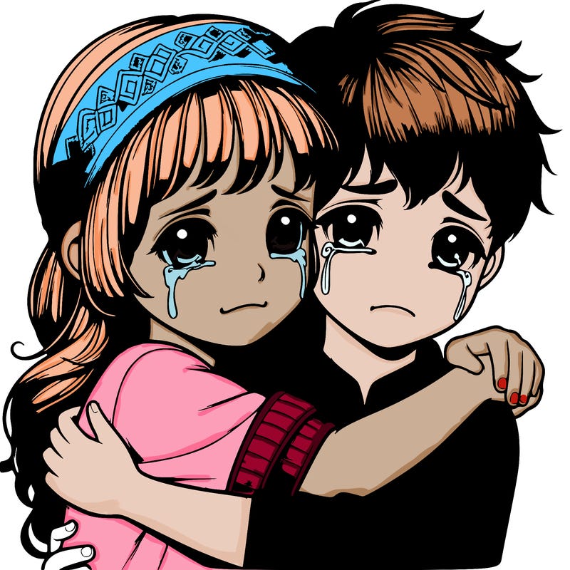 realistic boy and girl hugging and crying