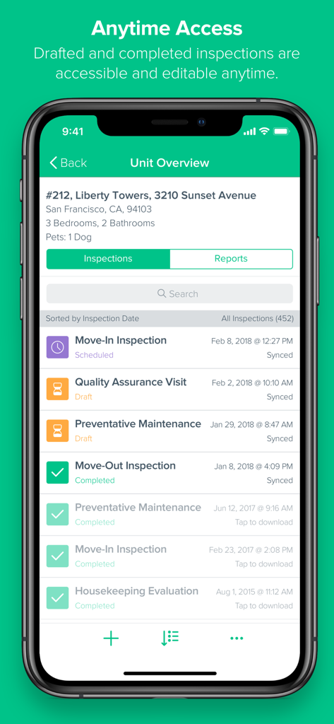 Mobile dashboard showing a list of property inspection records including move-in and move-out reports for a specific unit