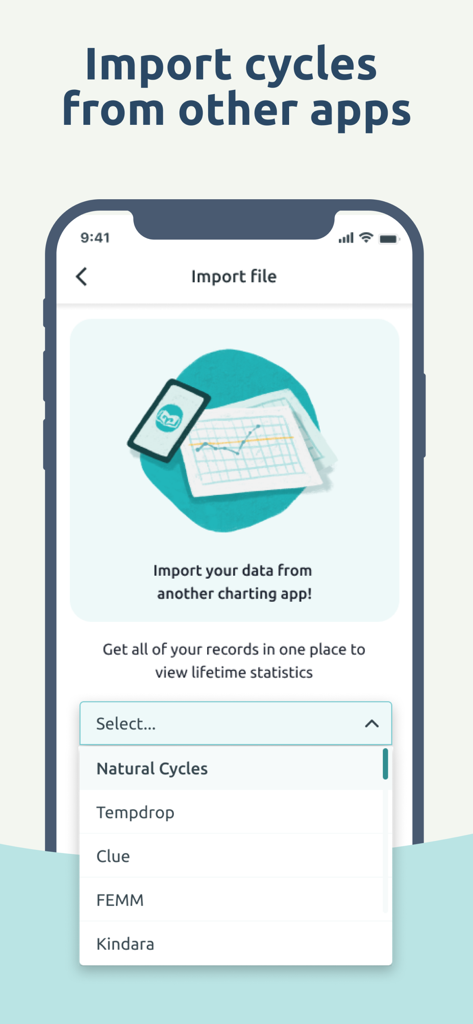 Screenshot of the Read Your Body app showing an import file screen with a dropdown menu to select data from apps like Natural Cycles, Clue, and Kindara