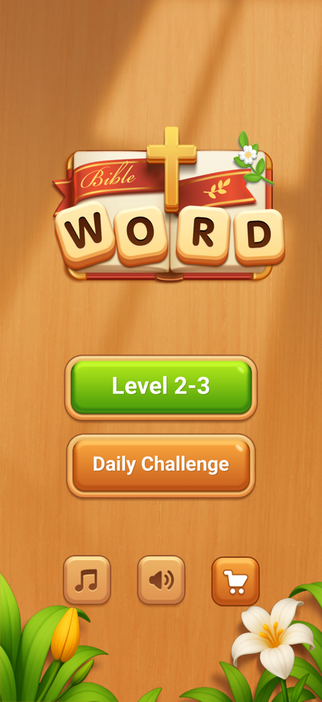 Bible Word Connect Game - Main menu of Bible Word Connect game with a warm wooden theme, featuring game buttons and a golden cross logo.