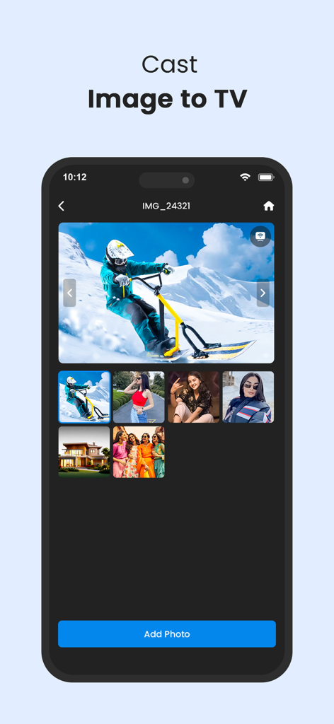 Universal TV Remote Control * - Interfaz de la aplicación Control Remoto Universal para TV que muestra una galería de fotos y la función Transmitir imagen al televisor