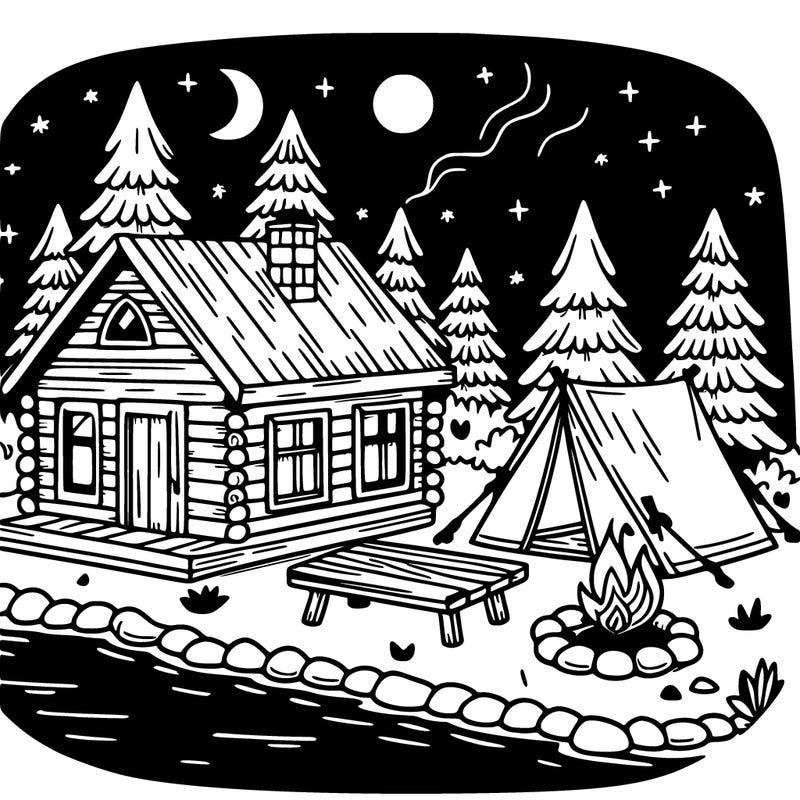 a cabin in the woods next to a lake in the night and a tent and campfire next to the cabin