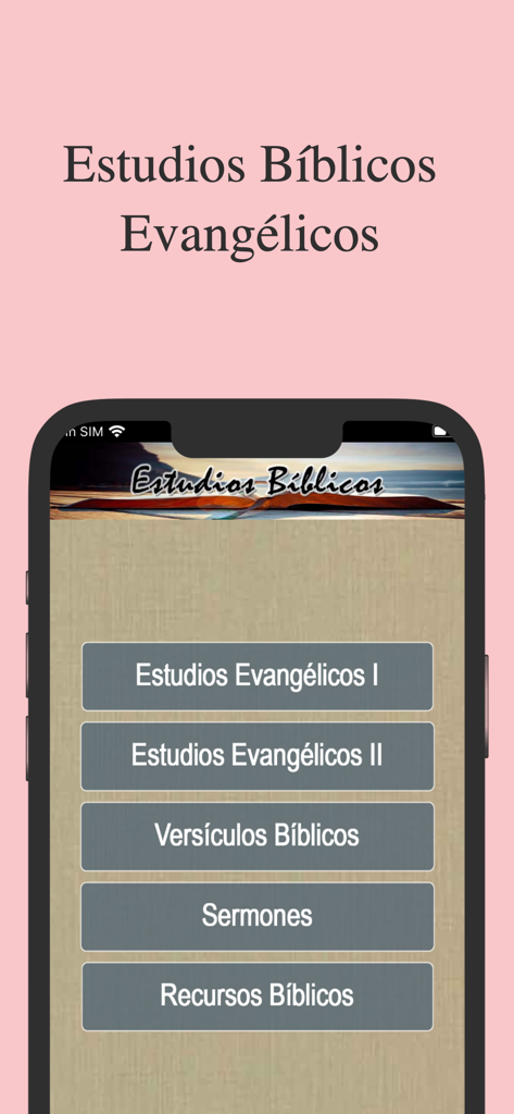 Estudios Bíblicos Evangélicos - Pantalla de inicio de la aplicación Estudios Bíblicos Evangélicos con botones para versículos de estudios bíblicos y sermones