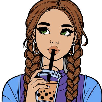 realistic girl with braided hair drinking boba