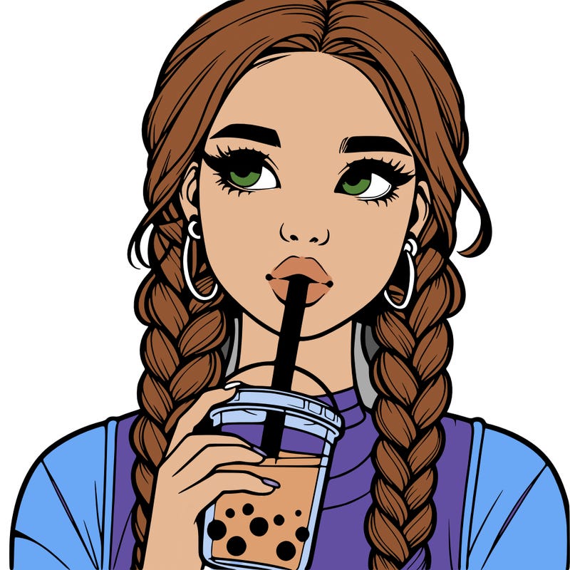 realistic girl with braided hair drinking boba