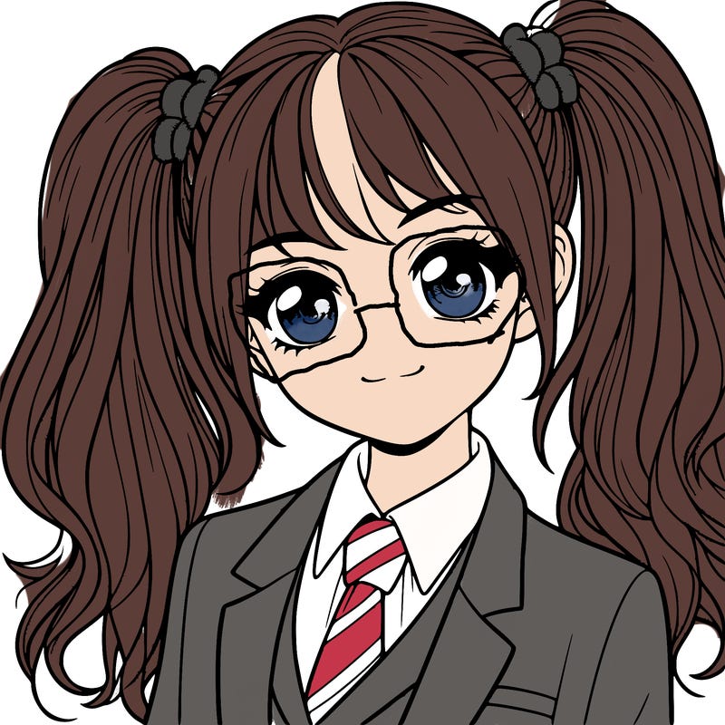 realistic girl with two ponytails and a suit on