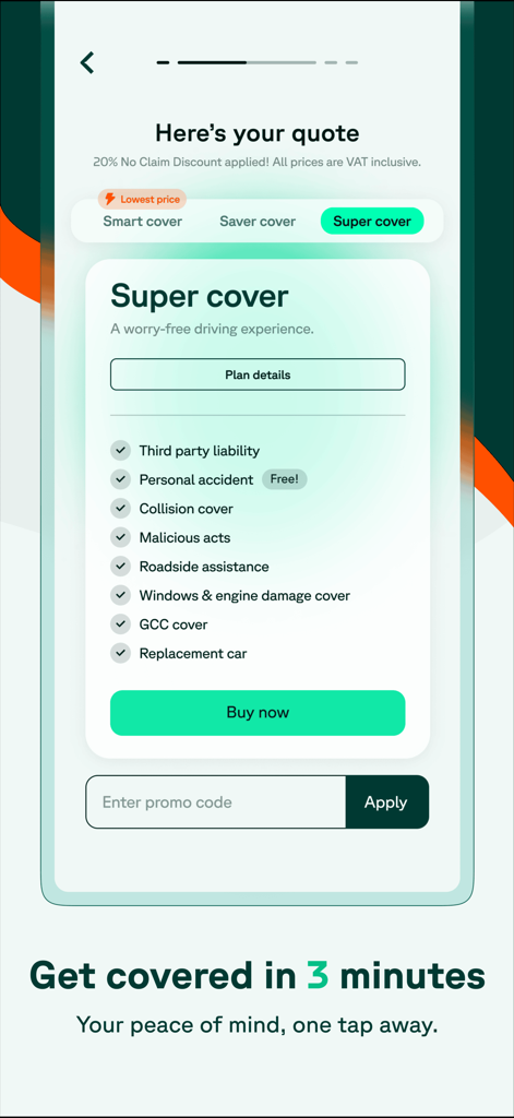 Tree Insurance - Tree Insurance mobile app interface showing car insurance quote options and plan details for Super cover