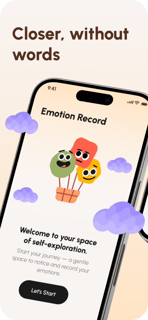 Bubblely – Softly Connected - Welcome screen of the Bubblely app featuring colorful mood bubble characters and a soft minimalist aesthetic