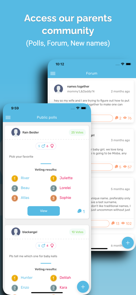 A screenshot of the Baby Name Together app showing the community forum and public name polls with voting results for baby names.