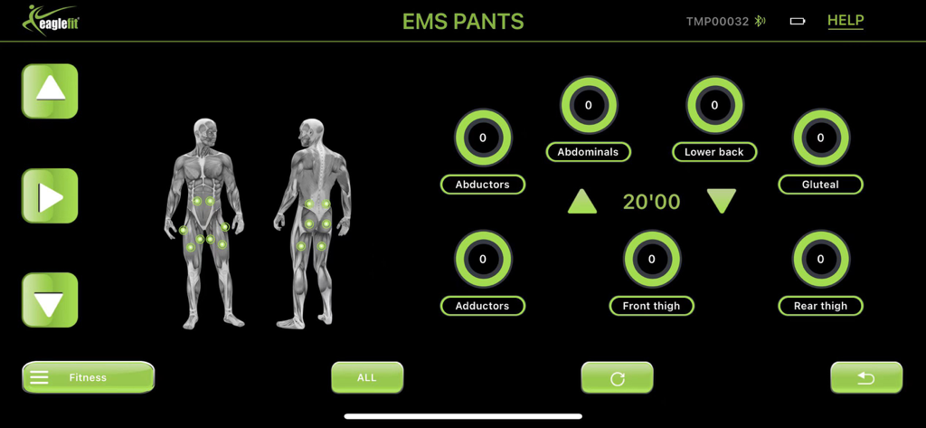 eaglefit® EMS SYSTEM - eaglefit EMS SYSTEMモバイルアプリのインターフェース。EMSパンツワークアウトの筋肉群設定が表示されています。