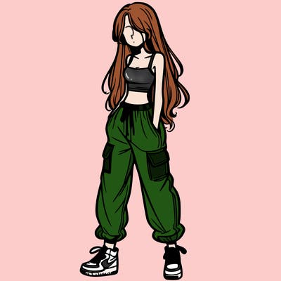 girl in baggy pants crop top and long hair
