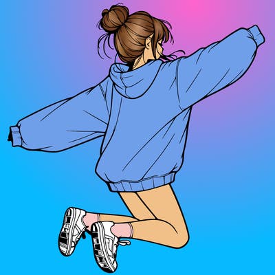 realistic girl jumping with a bun and oversized sweatshirt