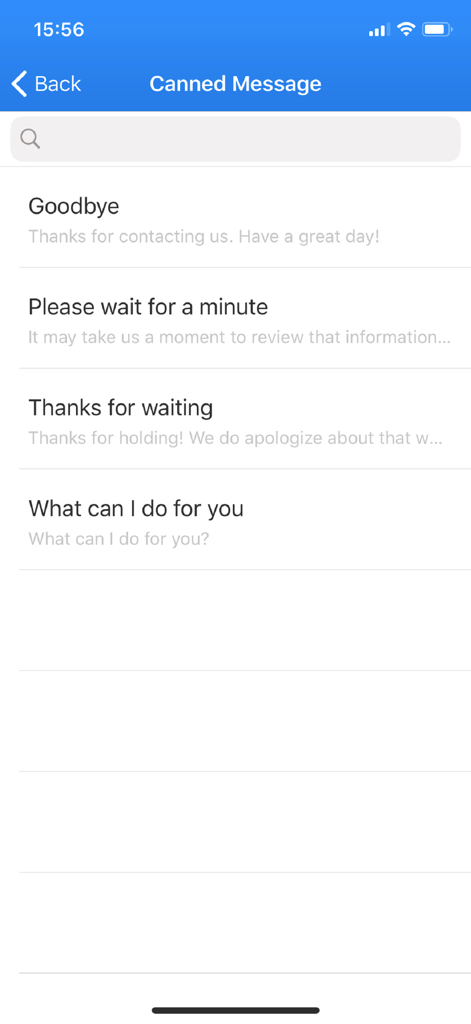Interface showing list of canned messages in LiveHelp100 app