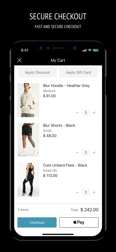 Echt Apparel - Shopping cart screen of the Echt Apparel app showing activewear items and secure checkout with Apple Pay.