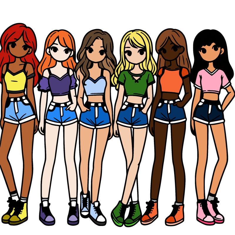 a group of girls wearing crop tops and shorts