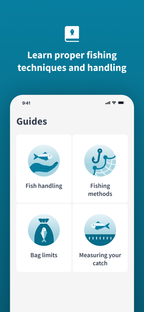 NZ Fishing Rules - Captura de pantalla de la aplicación NZ Fishing Rules que muestra guías educativas para el manejo de peces, métodos de pesca, límites de captura y medición de la pesca.