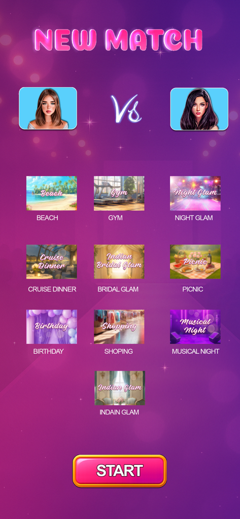 A screen showing various fashion themes for a new match in the Makeover Dress Up Girls Game