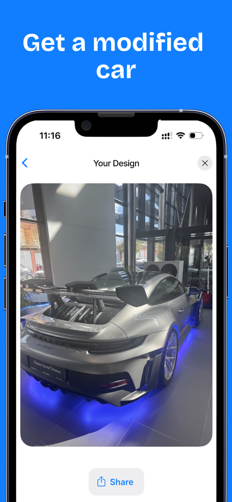 Carzen - AI Car Design - A photorealistic custom Porsche design with blue underglow lighting created using the Carzen AI app.