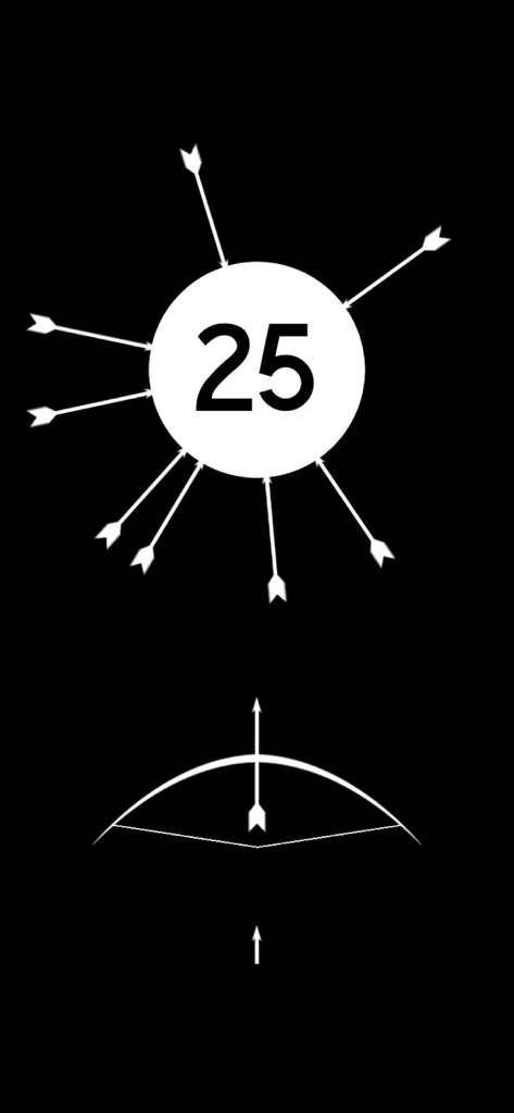 Twisty Arrow: Bow Game - 黒い背景で回転する円形のターゲットに弓で矢を放つ、Twisty Arrowのミニマリストなゲームプレイ