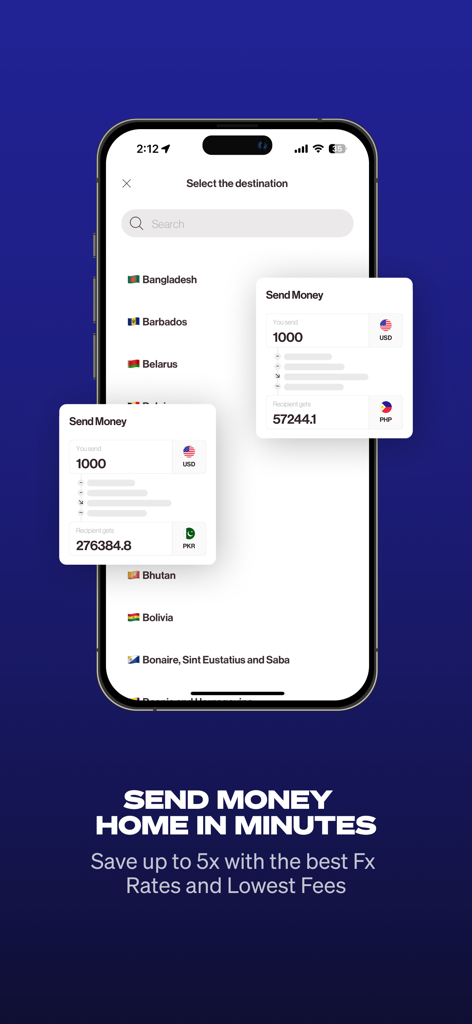 Elevate Pay: USD Banking - Elevate Pay app interface showing international money transfer from USD to various countries with competitive exchange rates