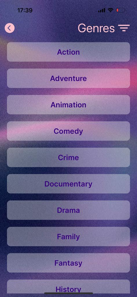 Movio: movies watchlist - A list of movie genres in the Movio app including action adventure and comedy for easy browsing