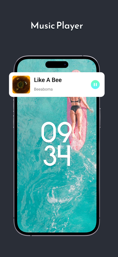 Musico Vision music player interface on an iPhone lock screen showing song playback and a surfer background