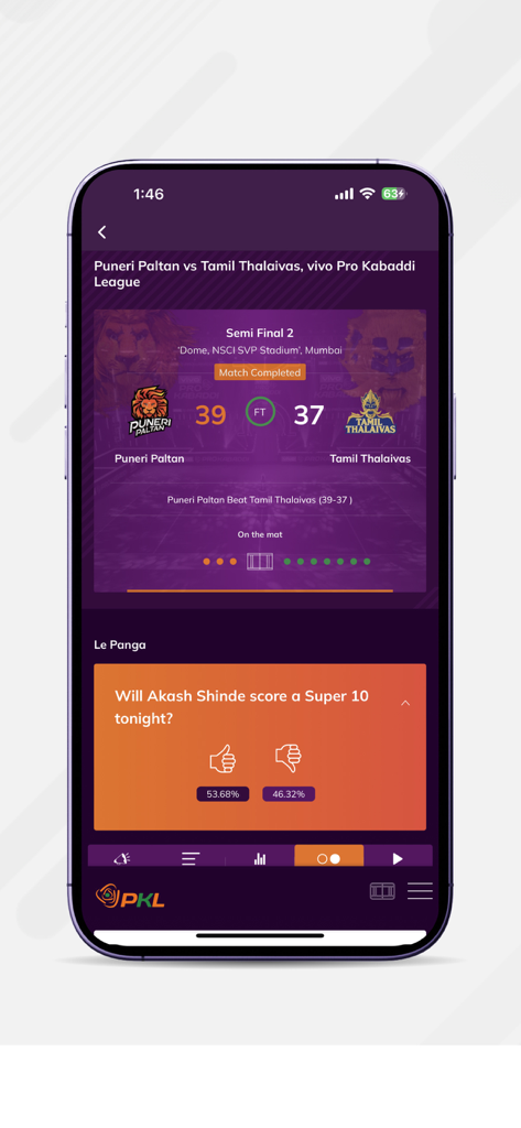 Pro Kabaddi Official App - Pro Kabaddi app interface showing match results between Puneri Paltan and Tamil Thalaivas and an interactive fan poll