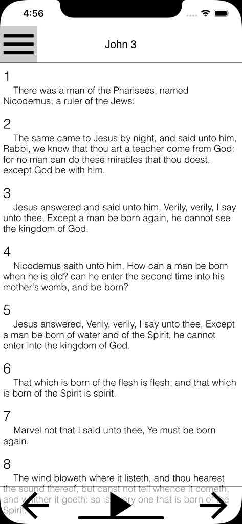 Reading screen of the Holy Bible Audio app displaying verses from John chapter 3