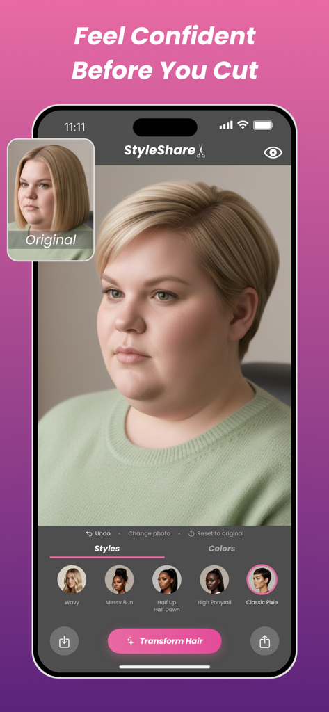StyleShare: Hair Color Changer - Interfaz de la aplicación StyleShare mostrando una transformación de peinado con IA fotorrealista de un corte bob a un corte pixie clásico.