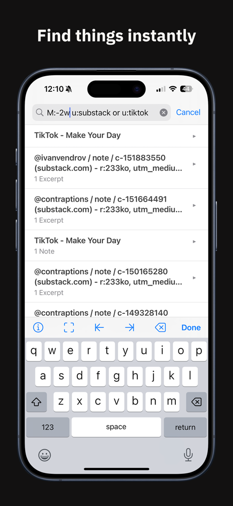 Una captura de pantalla móvil de la aplicación Subset Network que muestra la función de búsqueda avanzada con operadores booleanos utilizados para filtrar contenido de Substack y TikTok