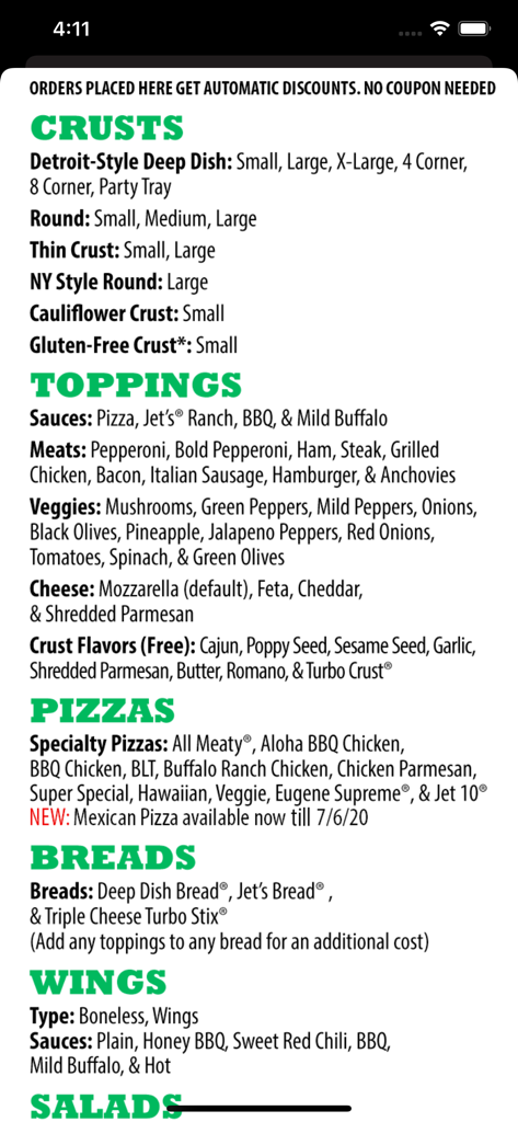 Uma lista detalhada do menu no aplicativo Jet's Pizza mostrando vários tipos de massa coberturas pizzas especiais e pães