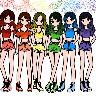 a group of girls wearing crop tops and shorts