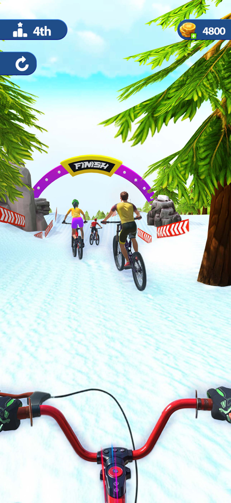 Bicycle Games - BMX Bike Race - Vista en primera persona de una bicicleta BMX compitiendo por un sendero de montaña nevado hacia un arco de meta