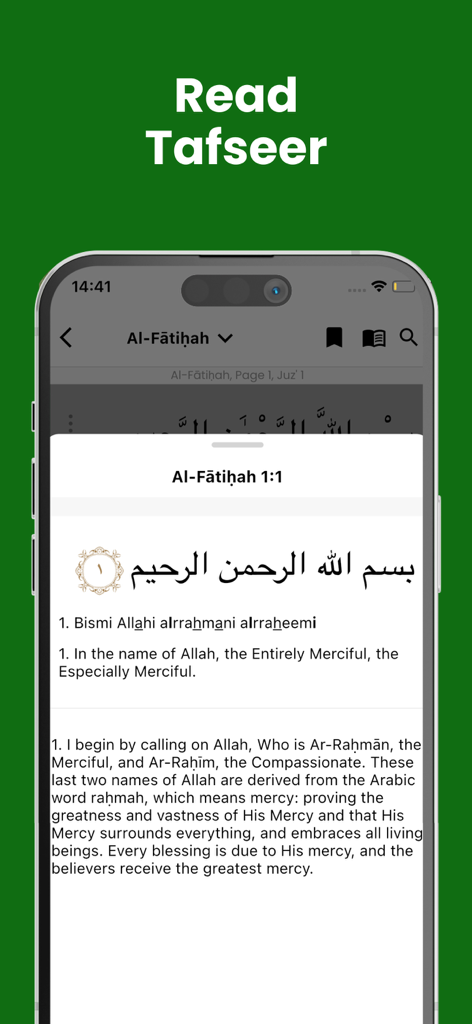 Quran 360: AlQuran English - Quran 360 app interface showing Al-Fatihah verse with English translation and Tafseer interpretation