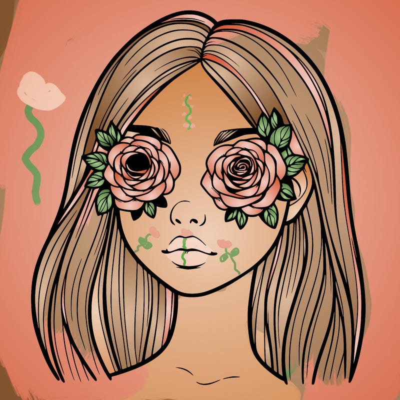 a realistic girl with roses for eyes