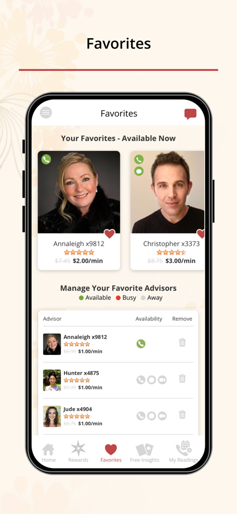 Interfaz de la pantalla de Favoritos de la aplicación Psychic Source que muestra los asesores disponibles con sus calificaciones y tarifas por minuto.