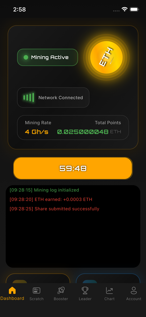 ETH mining - ethereum miner - Dashboard der ETH-Mining-App, das eine aktive Sitzung mit aktueller Mining-Rate und Gesamtpunkten anzeigt.