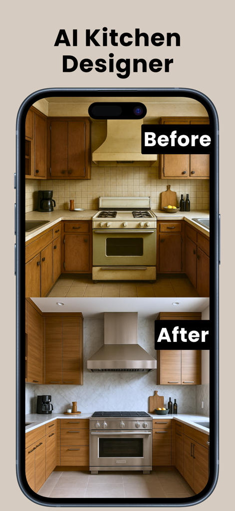Aplicación de diseño de cocina con IA que muestra una comparación de renovación de antes y después en un teléfono móvil
