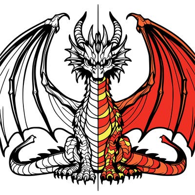 a realistic, symmetrical drawing of a dragon with a line down the middle