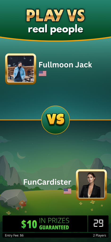 Matchmaking screen showing two players competing for cash prizes in Word Money Game
