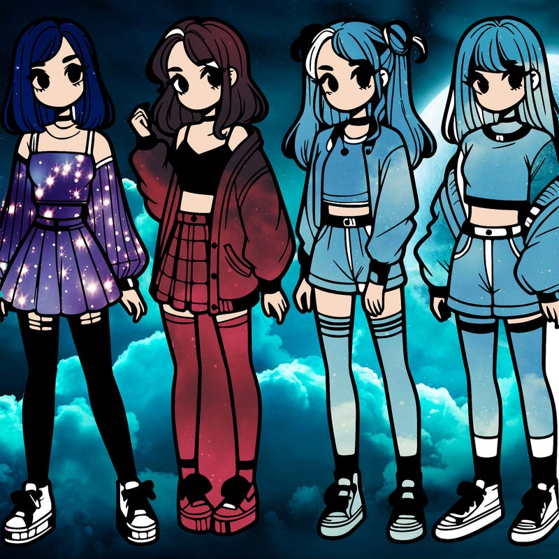 one girl with crop-top shirt and a jacket with a skirt, long socks and another girl with a shirt and pants with a jacket