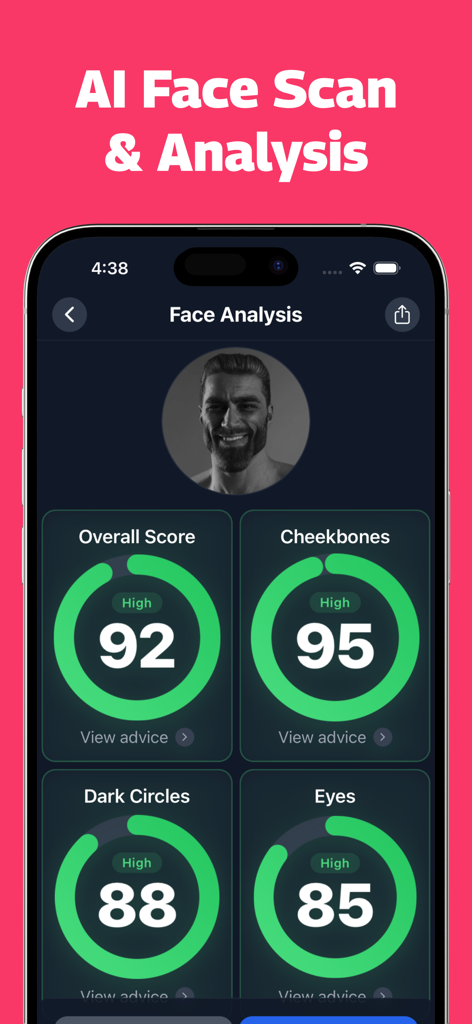 AI face analysis report showing facial scores for cheekbones and eyes