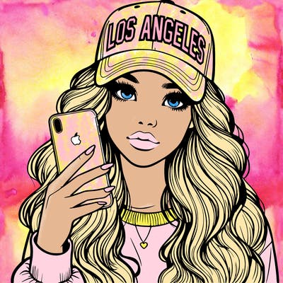 realistic beautiful girl wearing los ángeles cap holding an iphone