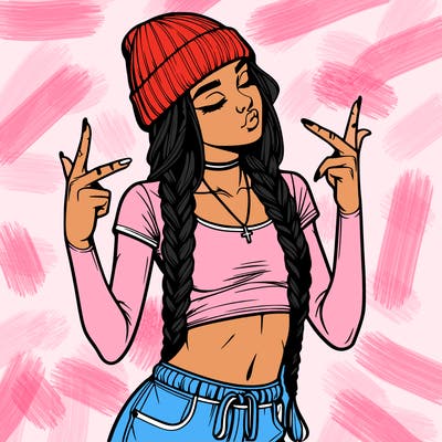 realistic teenage girl with braids and a beanie and crop top doing 🫶🏼