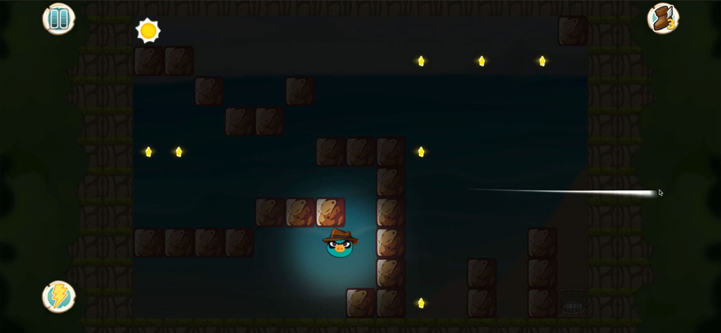 '헝그리 피기 vs 치킨' 게임에서 블록과 다이아몬드가 있는 어두운 퍼즐 레벨을 탐색하는 제임스 피기 캐릭터.