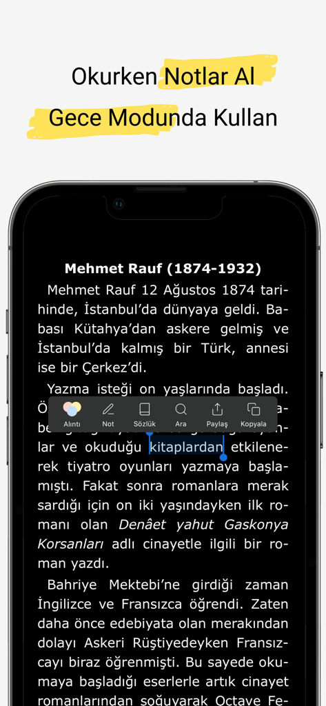 Kitapyurdu E-Kitap reading interface in night mode with note taking tools