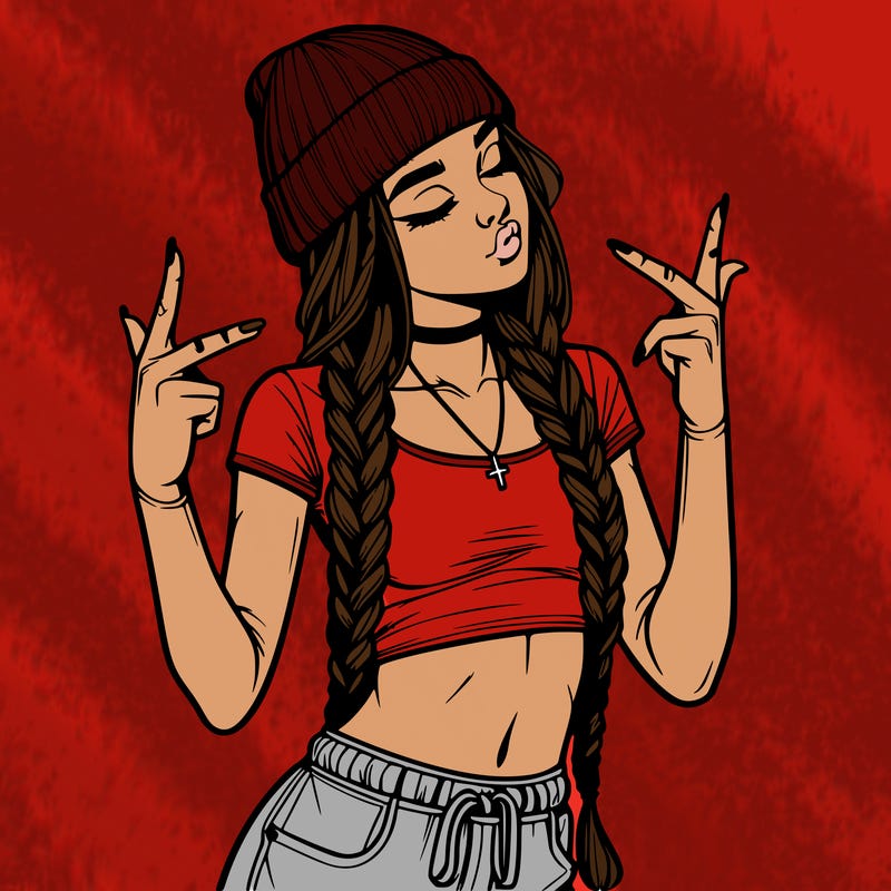 realistic teenage girl with braids and a beanie and crop top doing 🫶🏼