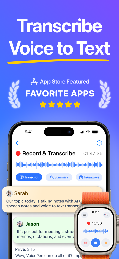 AI Note Taker – VoicePen - AI Note Taker VoicePen app interface showing voice to text transcription features on iPhone and Apple Watch
