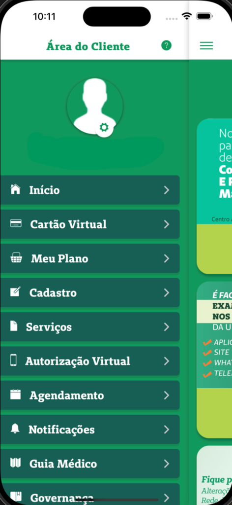 Unimed Santos - Interfaz de la aplicación móvil Unimed Santos mostrando el menú del área de clientes con opciones de tarjeta virtual, guía médica y programación
