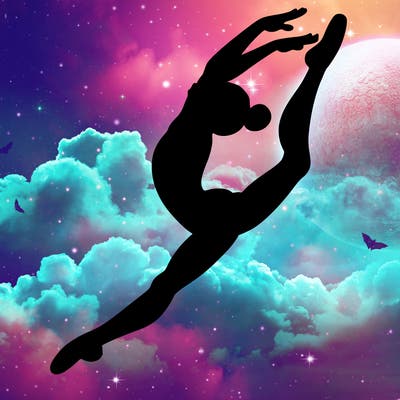 gymnast doing a leap in a leotard with a bent back leg